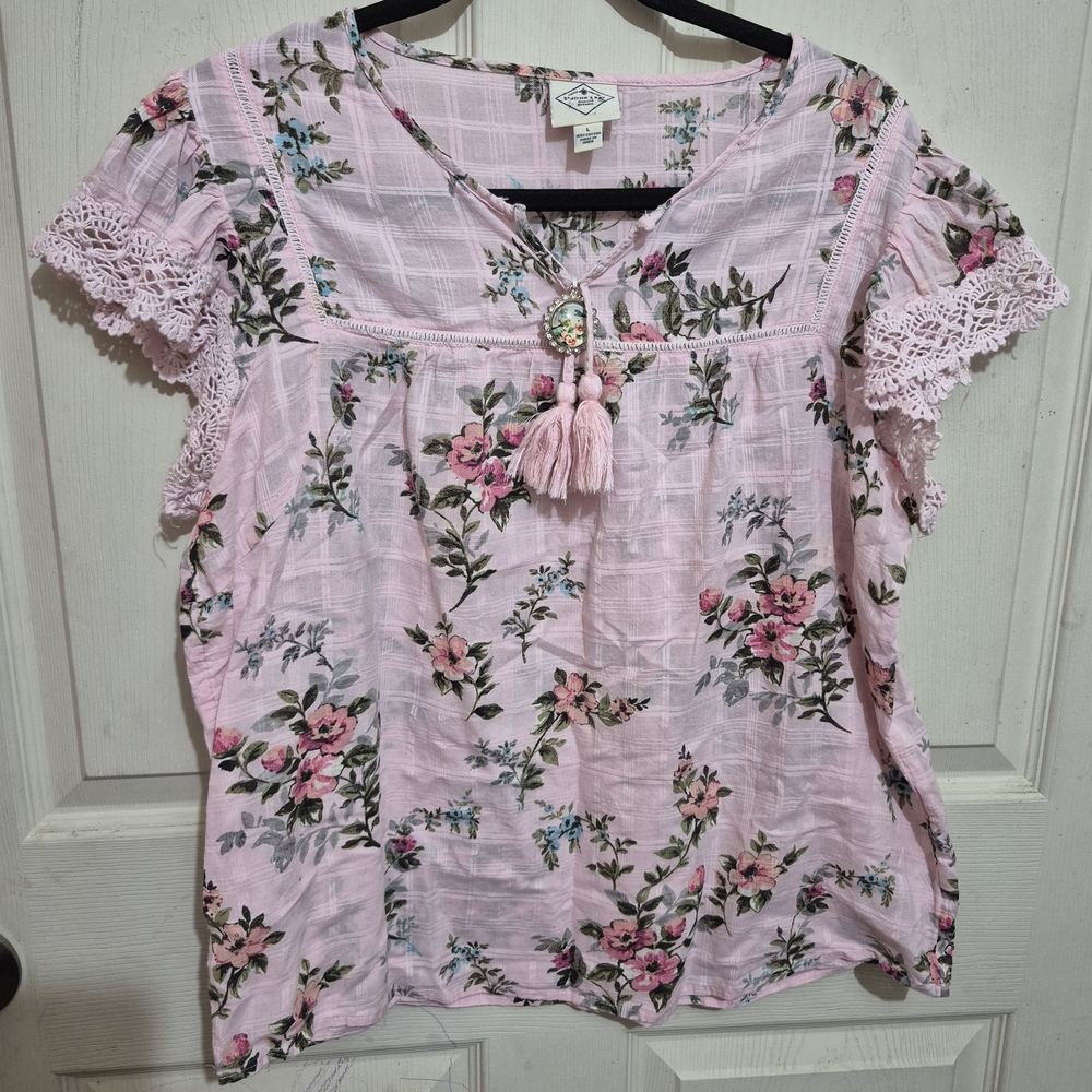 St. John's Bay Pink Floral Blouse with Lace Sleeves
